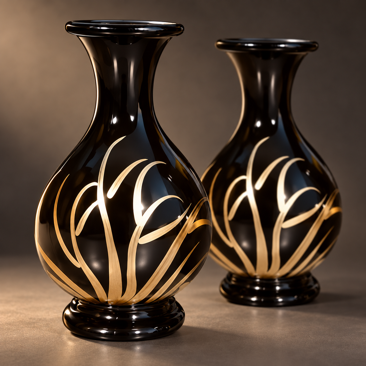 Close-up of glossy black and gold botanical finish on Noir Bloom vase set