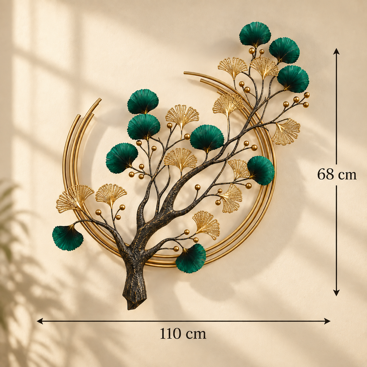 Emerald Grove metal tree wall art size guide showing 110 cm width and 68 cm height