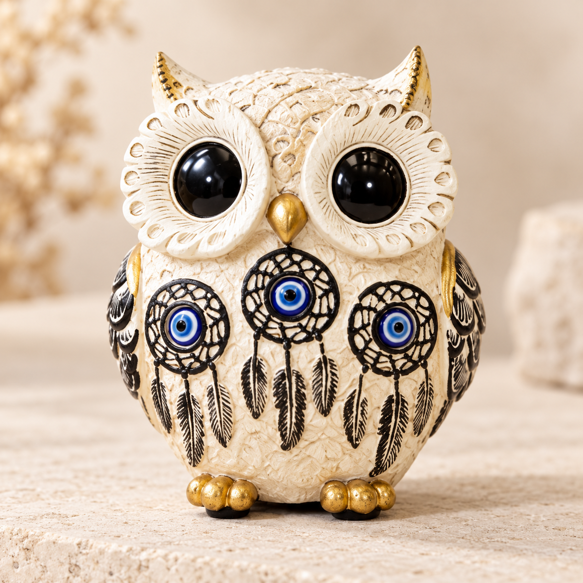 Close detail of the Aegis owl figurine with glossy black eyes and blue evil-eye accents