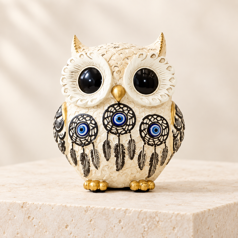 Aegis cream resin owl figurine with black eyes, gold accents and three blue evil-eye motifs