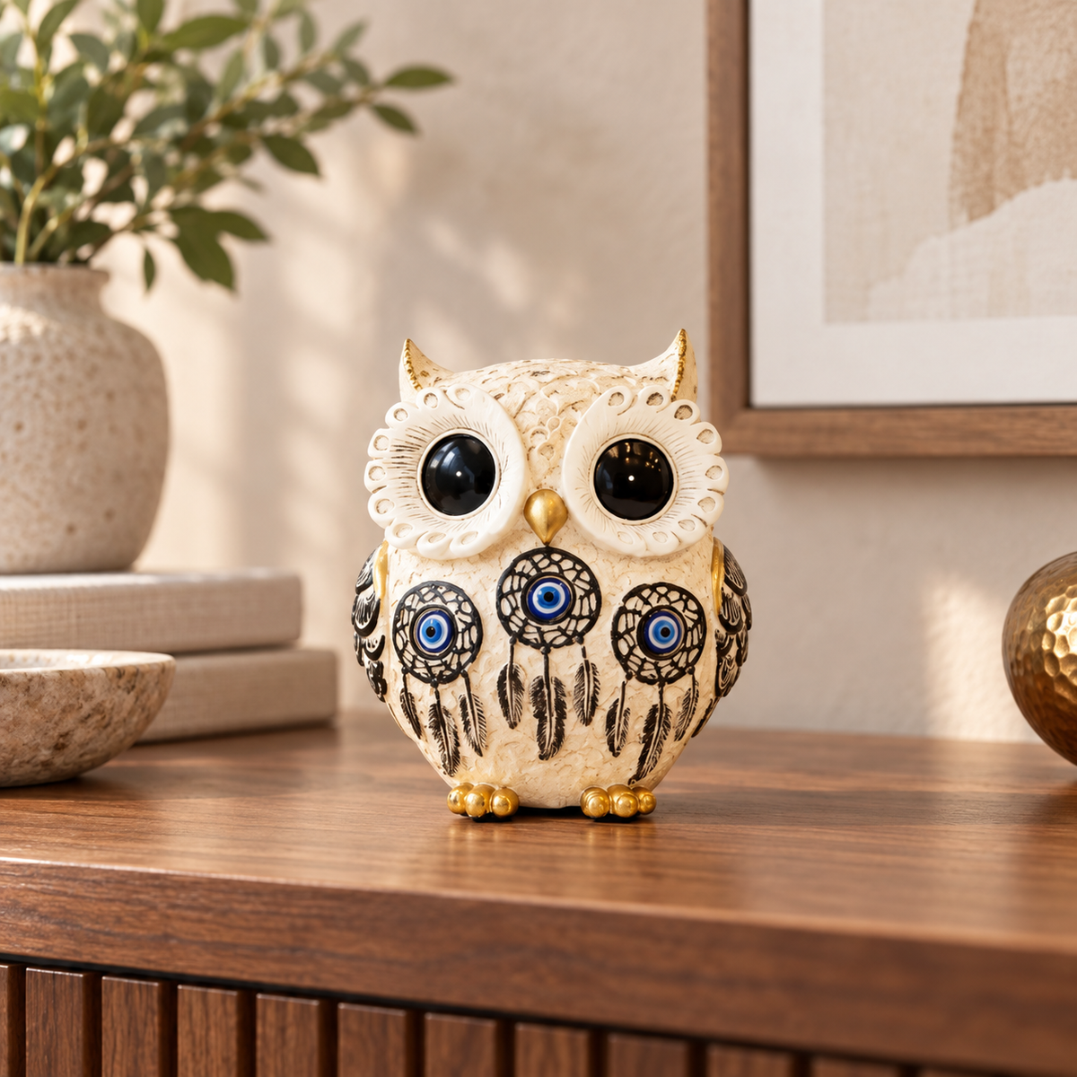 Aegis evil-eye owl figurine styled on a warm walnut living-room console