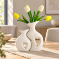 Amora white ceramic vase set styled with yellow and ivory tulips on a dining table
