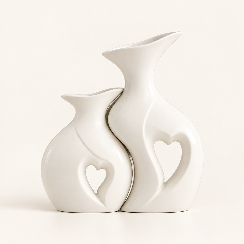 Amora sculptural white ceramic vase set of two with heart cut-outs on warm ivory