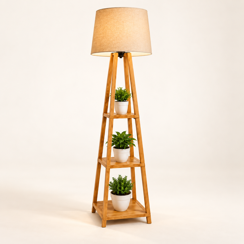 Arden wooden tripod floor lamp with beige shade and three display shelves on warm ivory