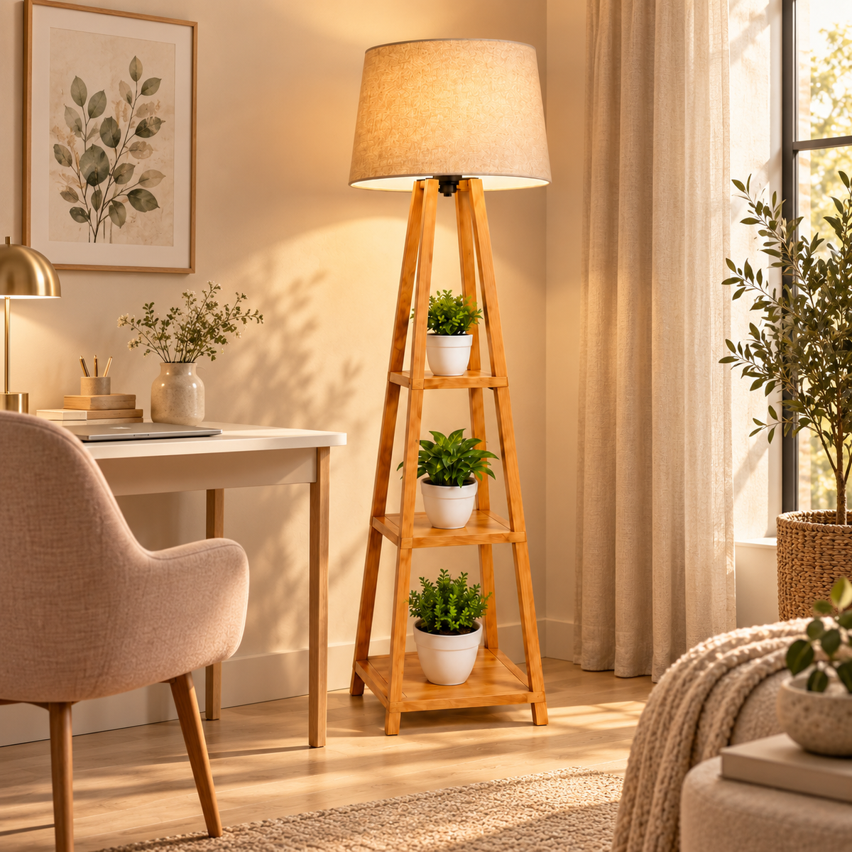 Arden wooden tripod floor lamp styled beside an elegant home office desk