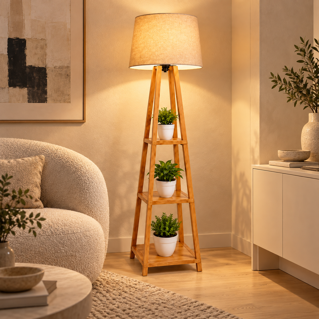 Arden wooden tripod floor lamp with beige shade and three display shelves on warm ivory