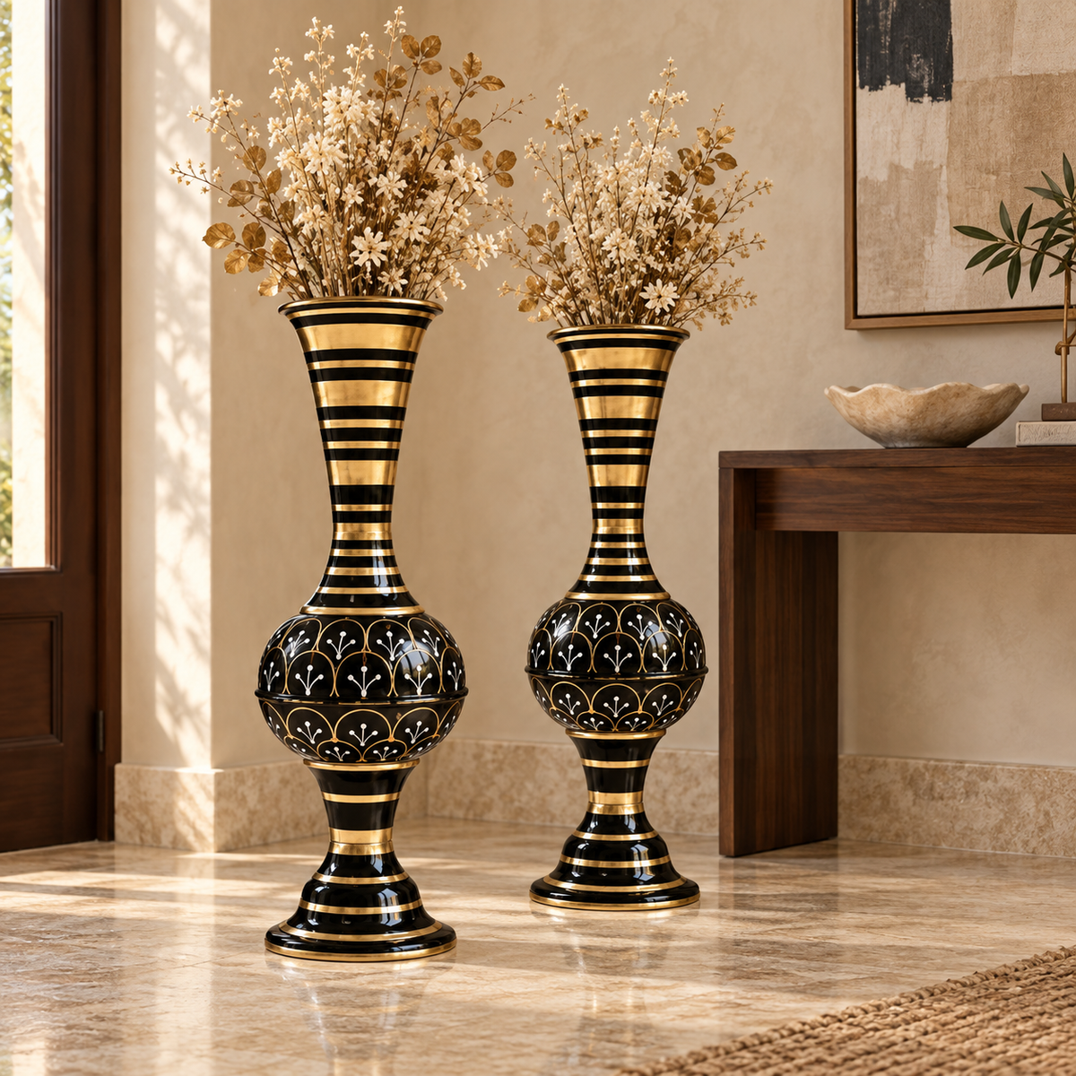 Aurelia iron floor vase set styled with ivory dried flowers in a warm foyer