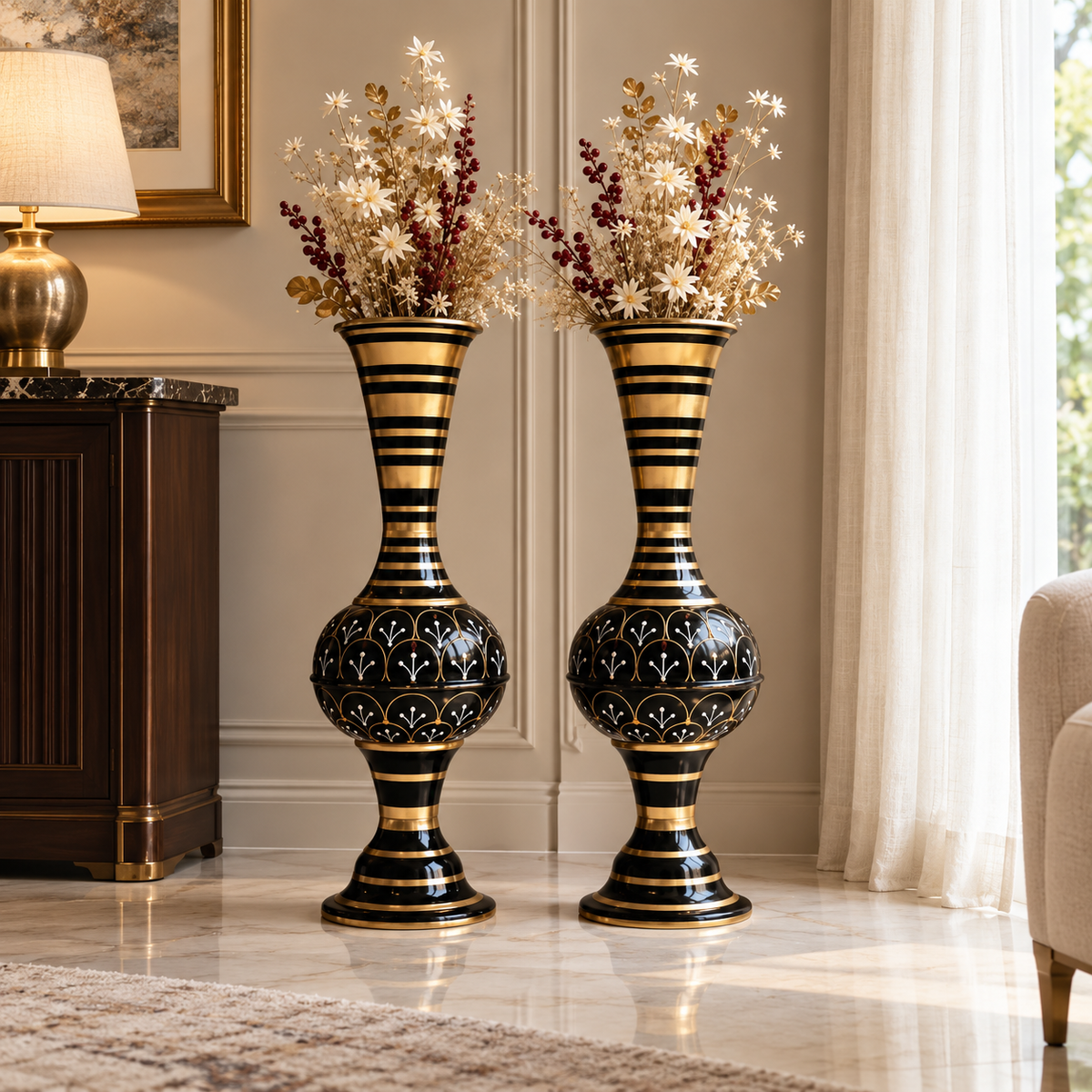 Aurelia black and gold floor vase pair styled in an elegant living room