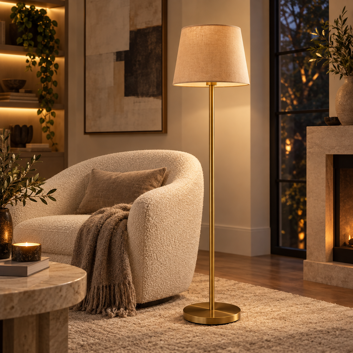 VIRAAM Aurelia brass floor lamp beside a cream lounge chair