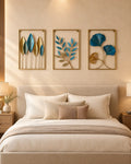 Botanical Harmony set of three metal wall panels styled above a neutral bed