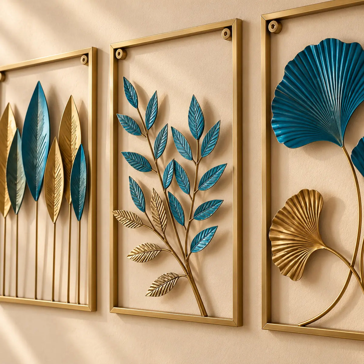 Close view of teal leaves, antique-gold finish and metal frame details
