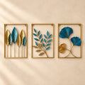 Botanical Harmony set of three teal and antique-gold metal wall panels on warm ivory