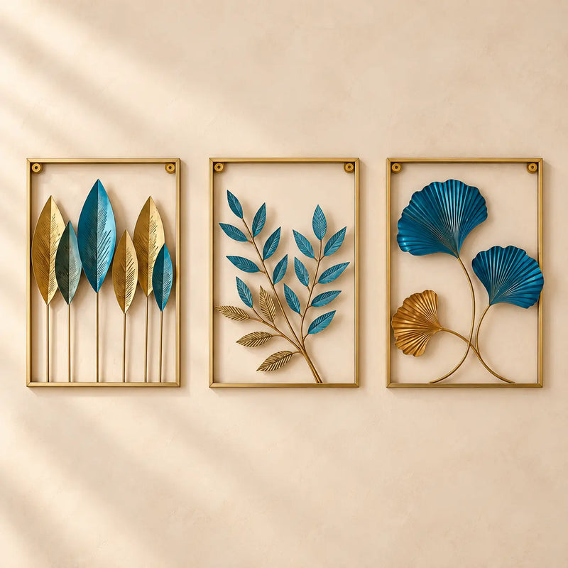 Botanical Harmony set of three teal and antique-gold metal wall panels on warm ivory