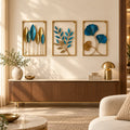 Botanical Harmony metal wall art styled above a walnut living-room console