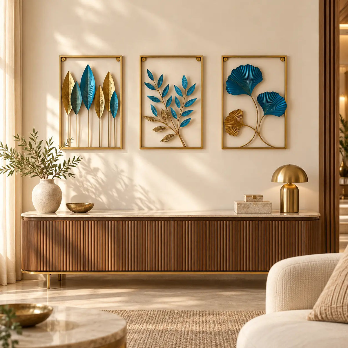 Botanical Harmony metal wall art styled above a walnut living-room console