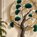 Close-up of emerald foliage, gold leaves and textured branches on Emerald Grove wall art