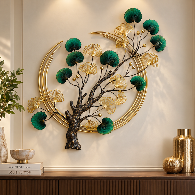 Emerald Grove metal tree wall art on a warm ivory luxury interior wall