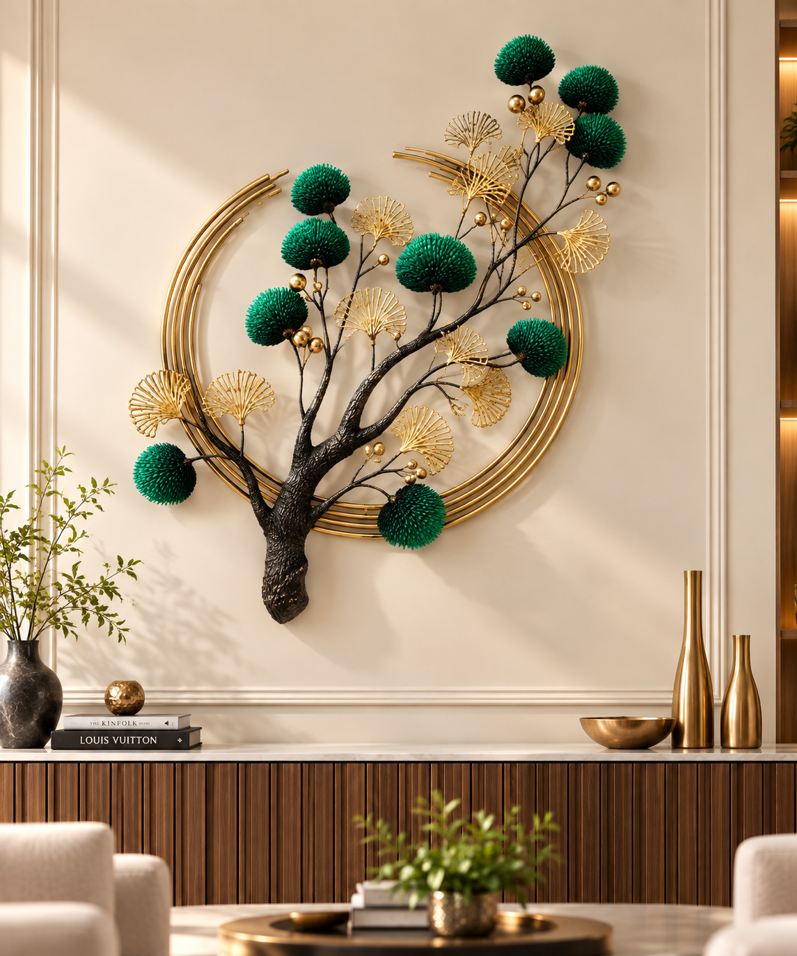Emerald Grove metal tree wall art styled in a premium contemporary living room