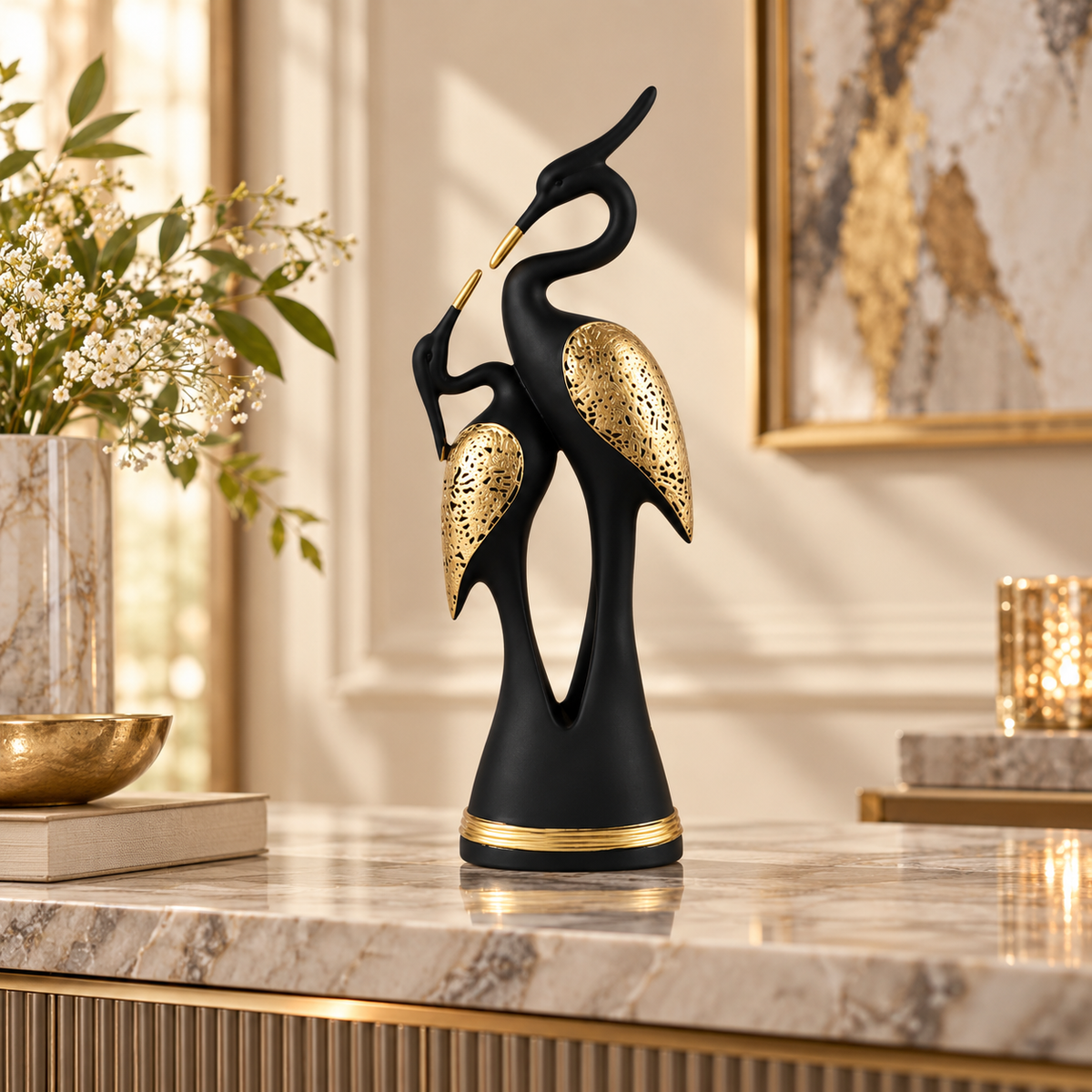 Eternal Grace black and gold crane couple sculpture styled in a luxury interior