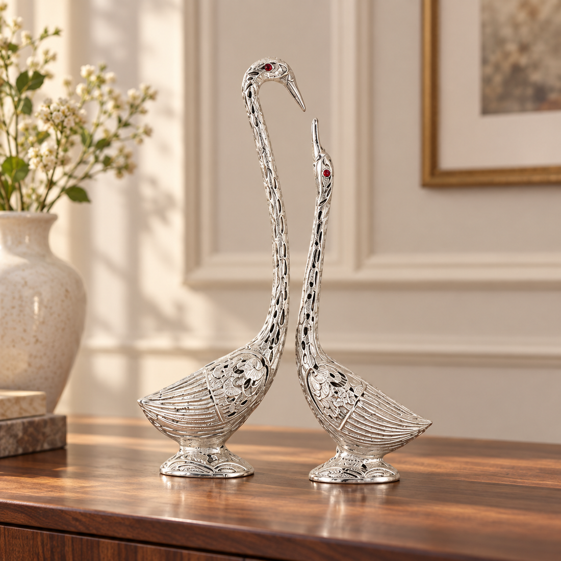 The Eternal Pair oxidised silver metal swan showpieces