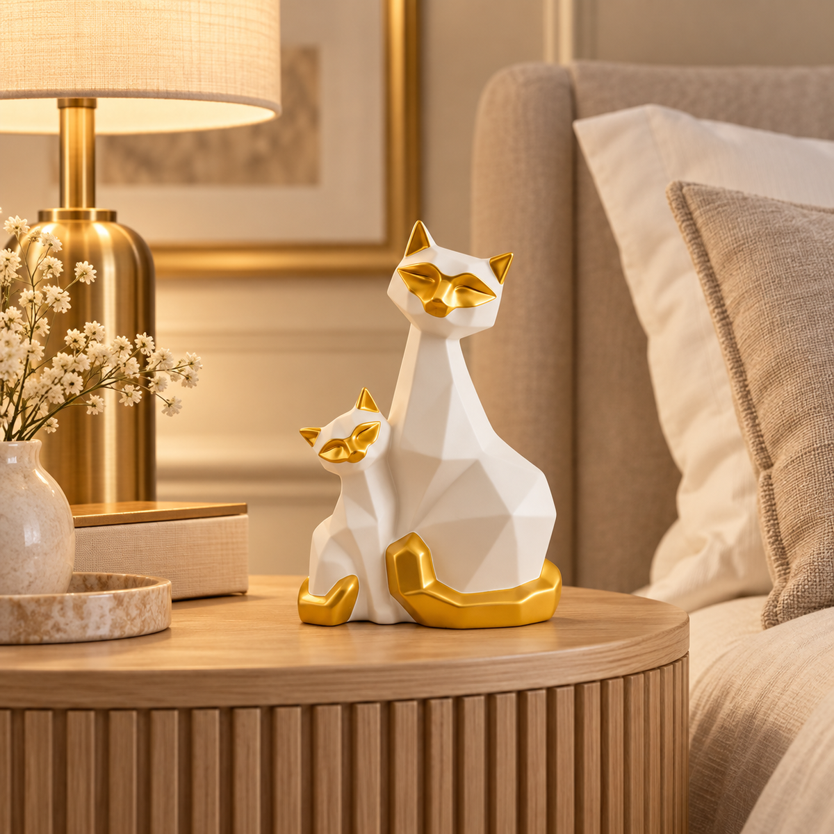 White and gold cat figurine pair displayed on a luxury bedside table
