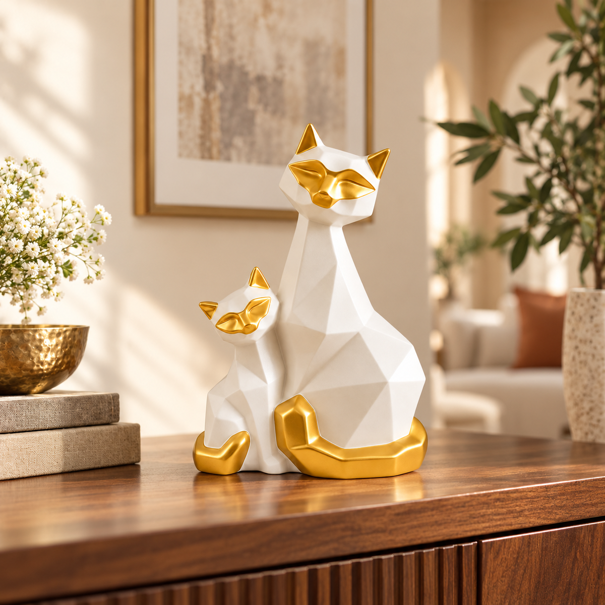 Geometric white and gold cat figurine styled on a walnut living room console