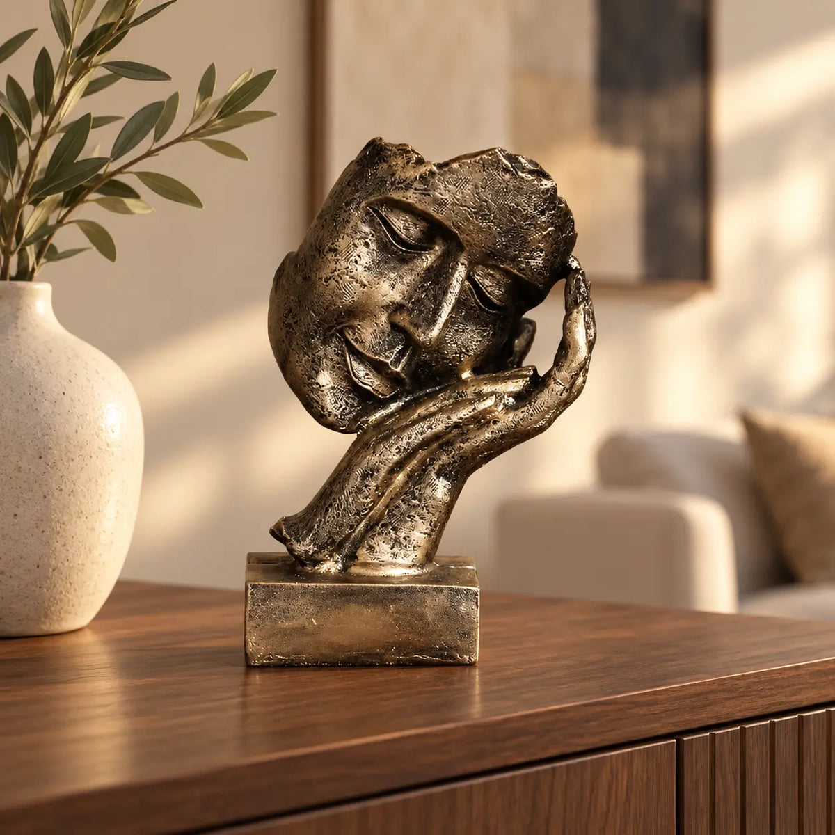 Golden Serenity sculpture styled on a walnut console in a warm interior