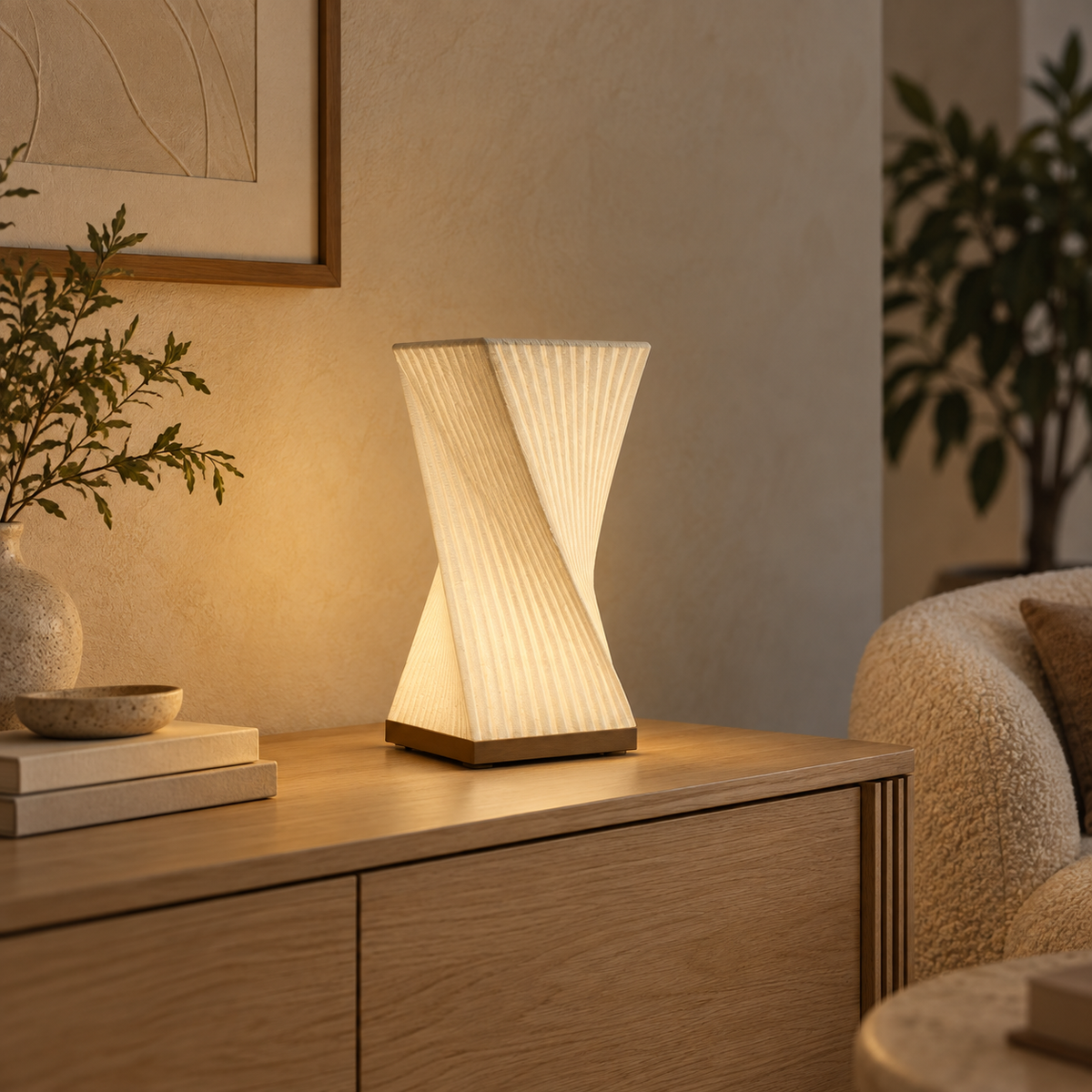Helix Glow off-white ambient table lamp styled on a light oak living-room console