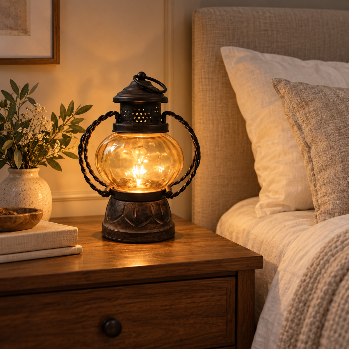 VIRAAM Heritage Glow table lamp beside neutral bedding