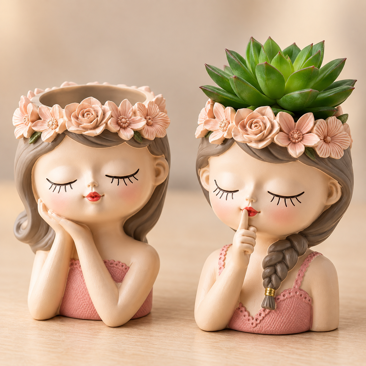 Close detail of the Quiet Muse floral crown resin planters and distinct hand-painted poses
