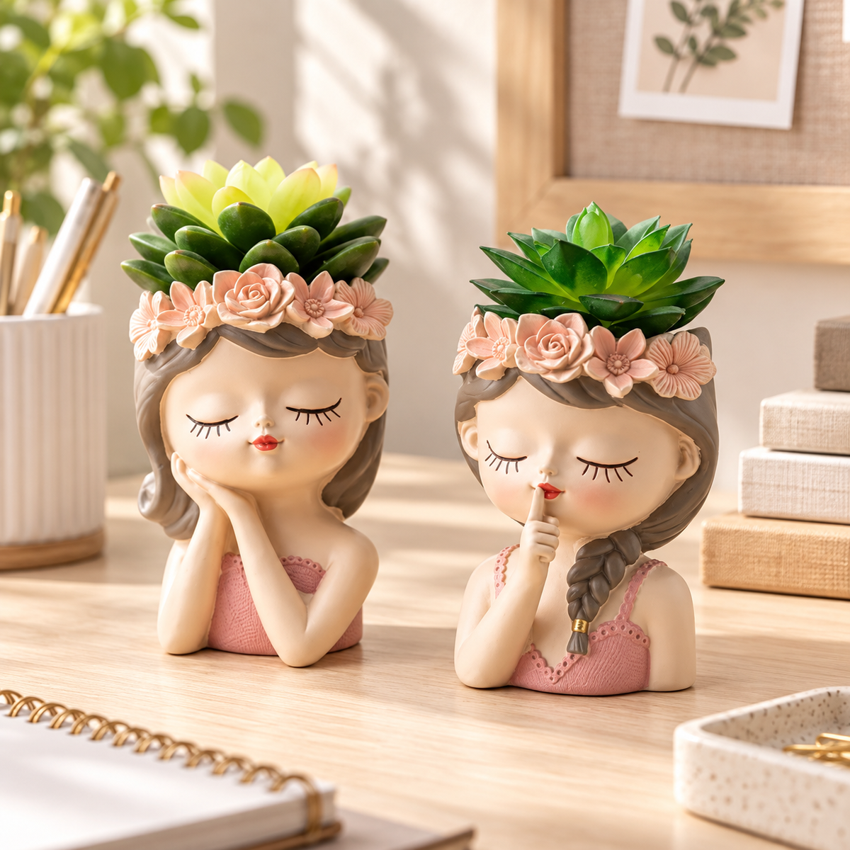 Quiet Muse hand-painted resin planter pair styled on a refined home-office desk