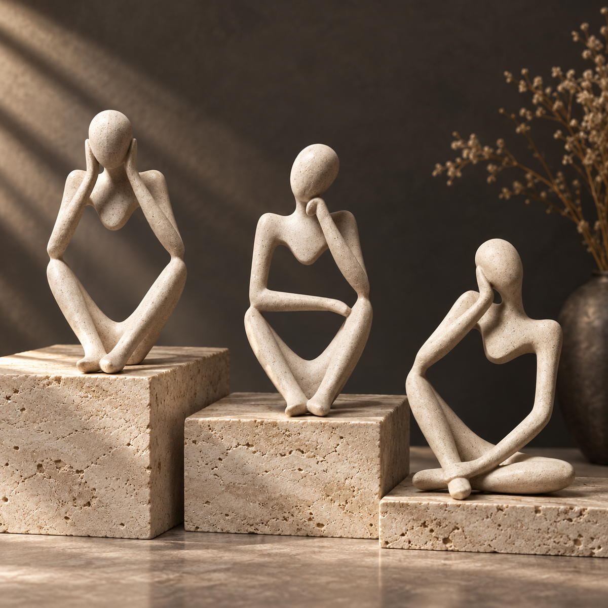 Three cream resin thinker sculptures on travertine plinths