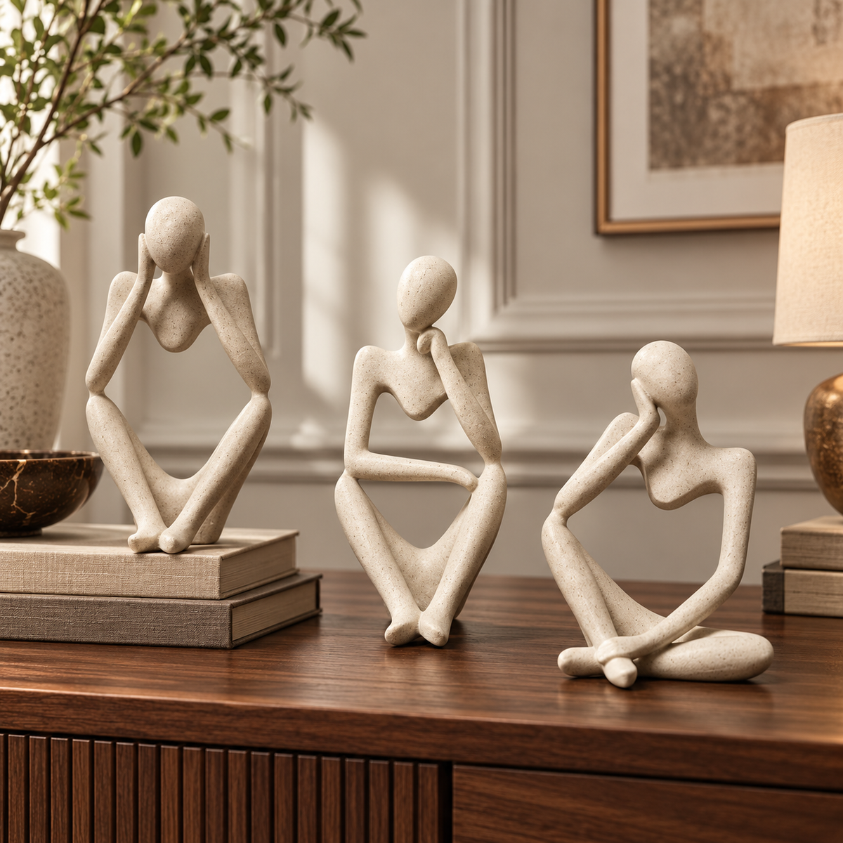 Cream abstract seated figurines styled on a walnut console