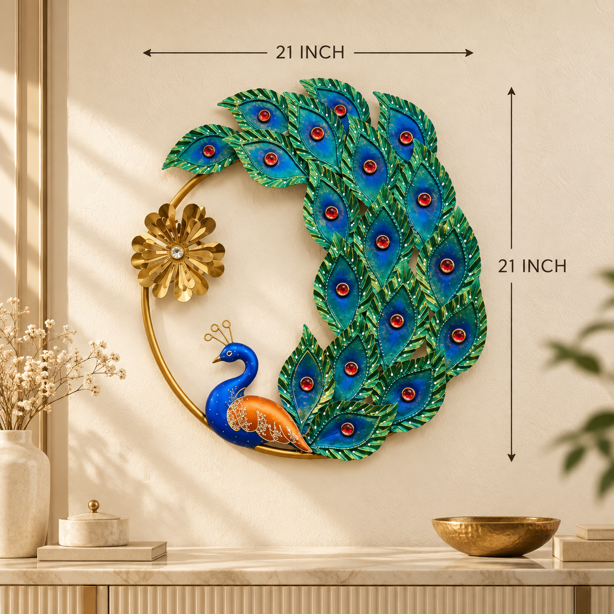 Regal Peacock metal wall art shown mounted on a warm ivory wall above a console, with 21 inch width and 21 inch height guide