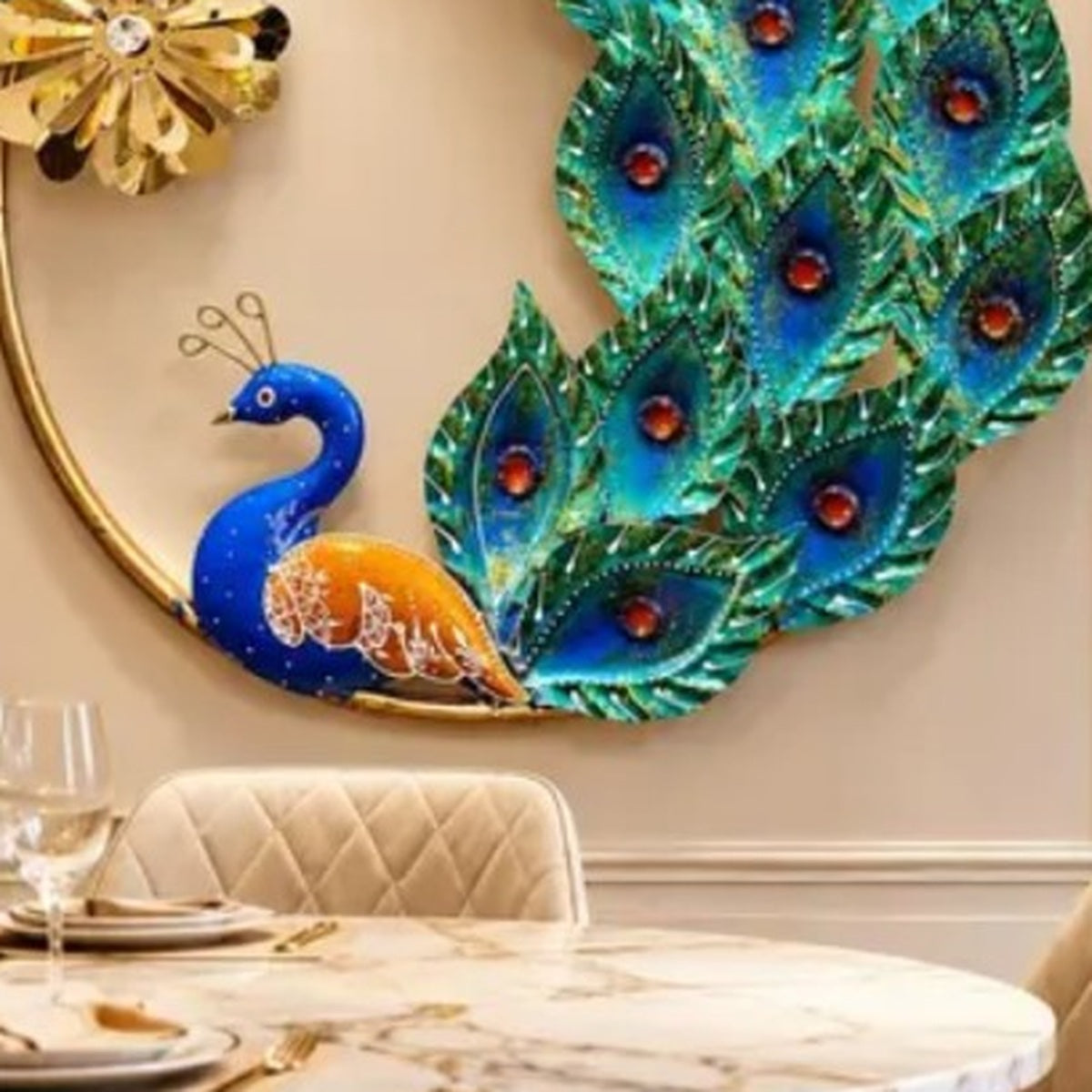Close-up of peacock body and decorative metalwork on wall art