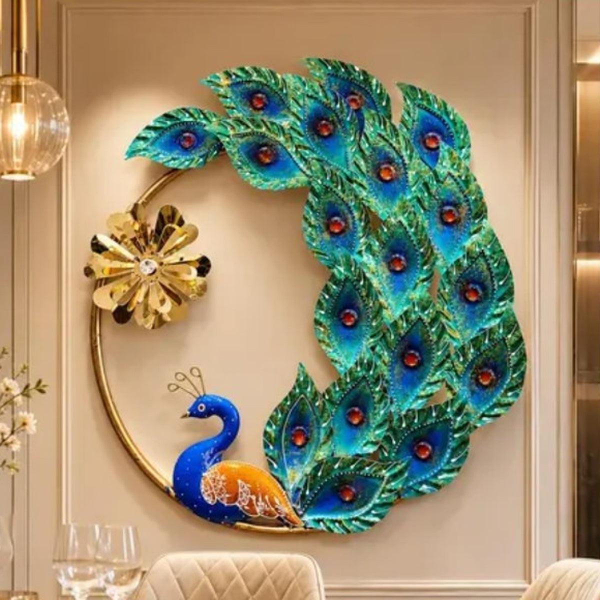 VIRAAM regal peacock metal wall art displayed on a luxury interior wall