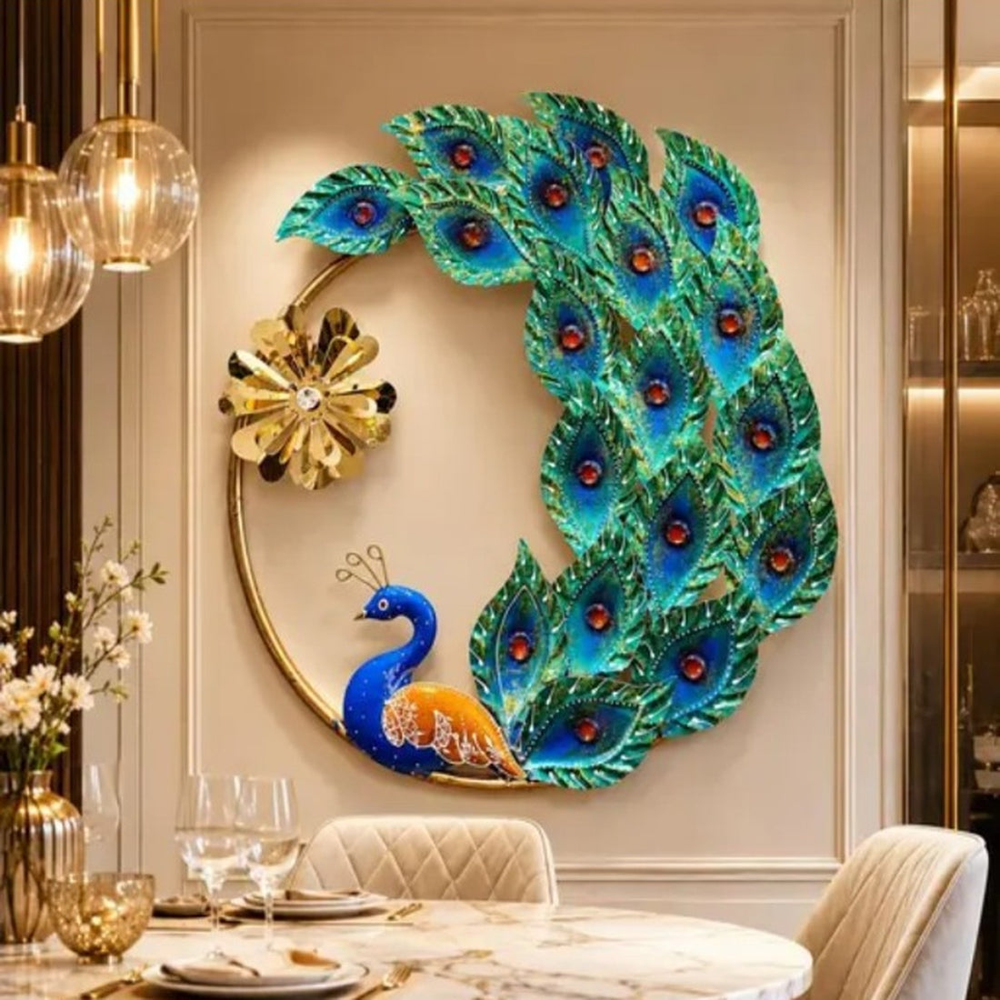 VIRAAM regal peacock metal wall art displayed on a luxury interior wall