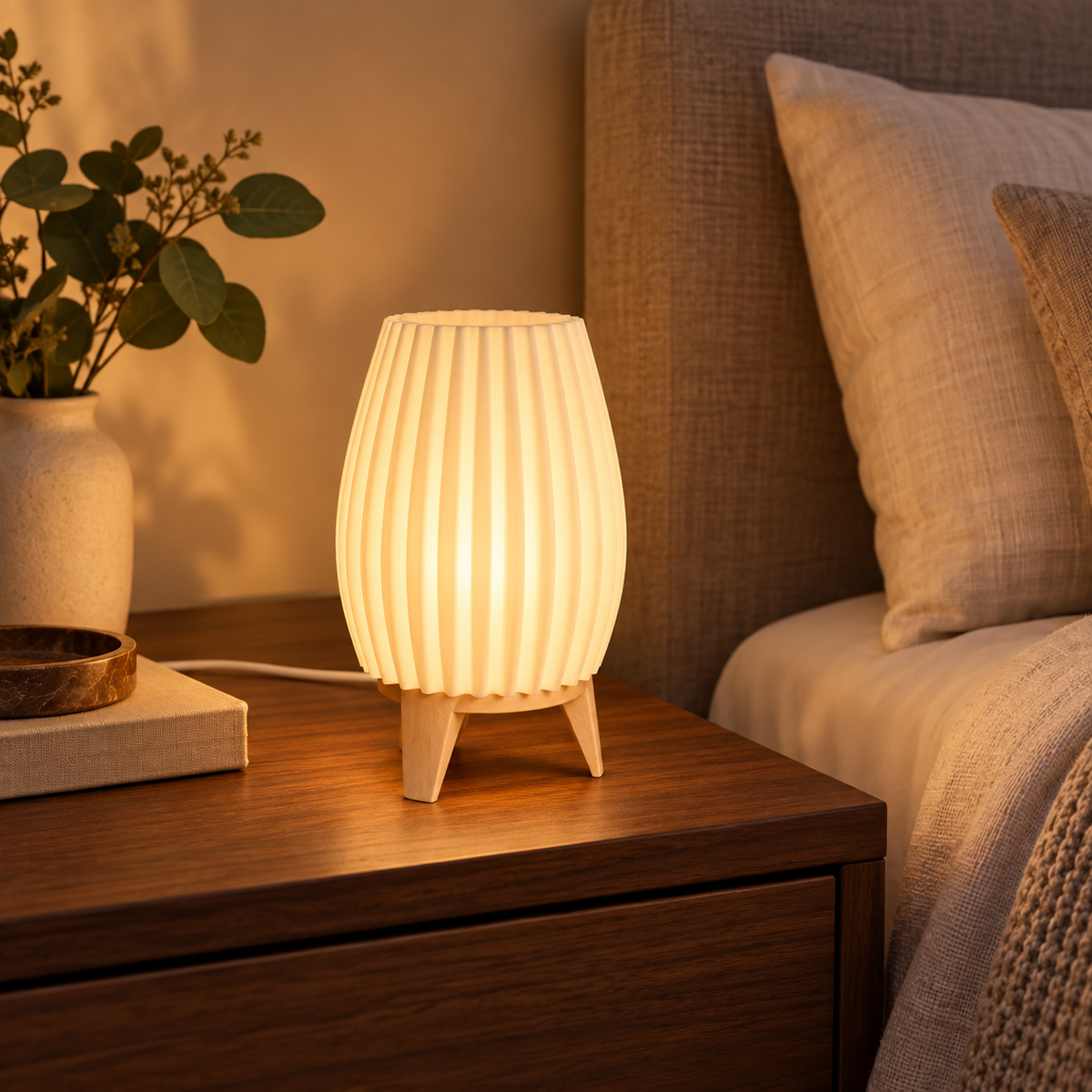 Warm ribbed bedside lamp on a walnut table