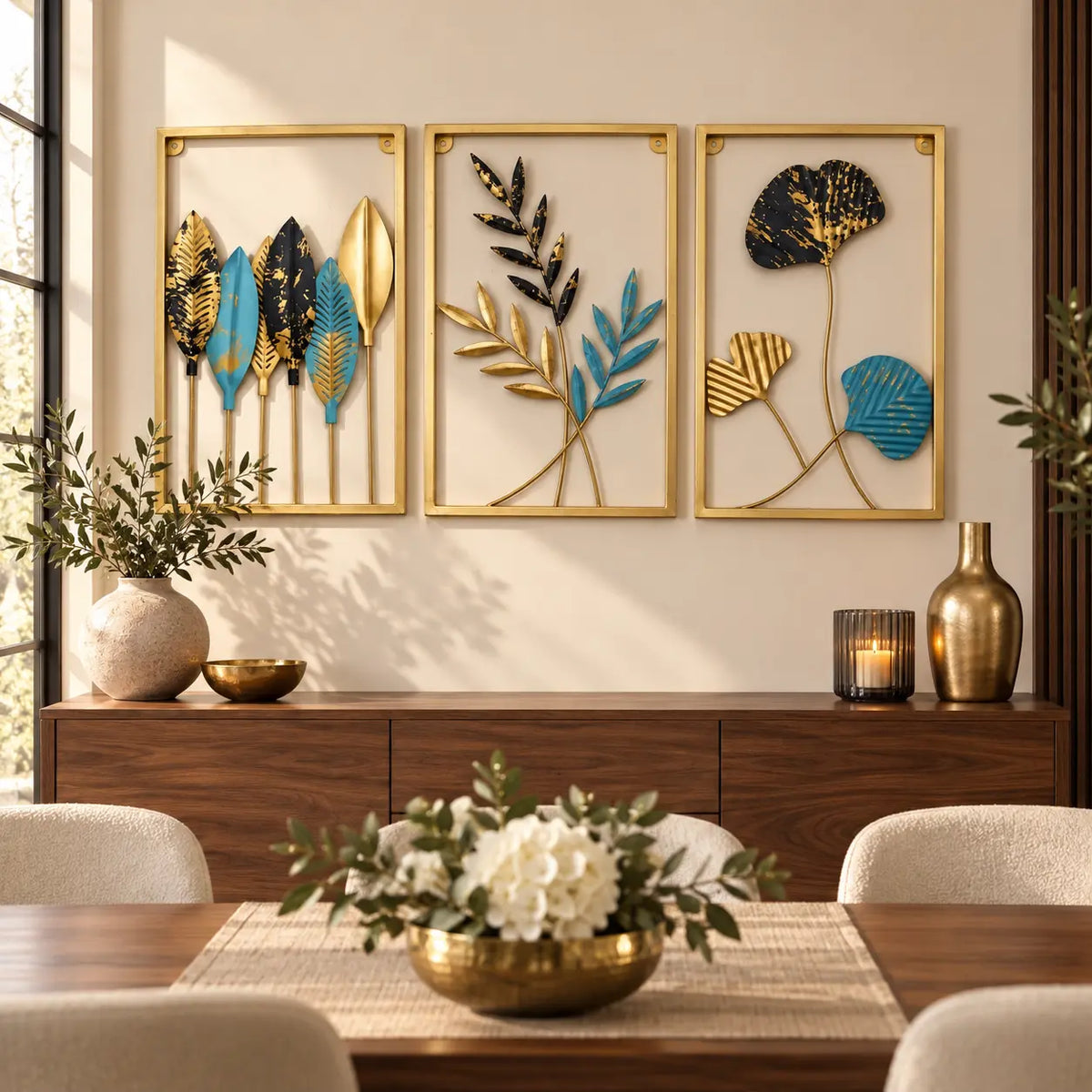 Scenic metal wall art displayed in a refined contemporary dining room