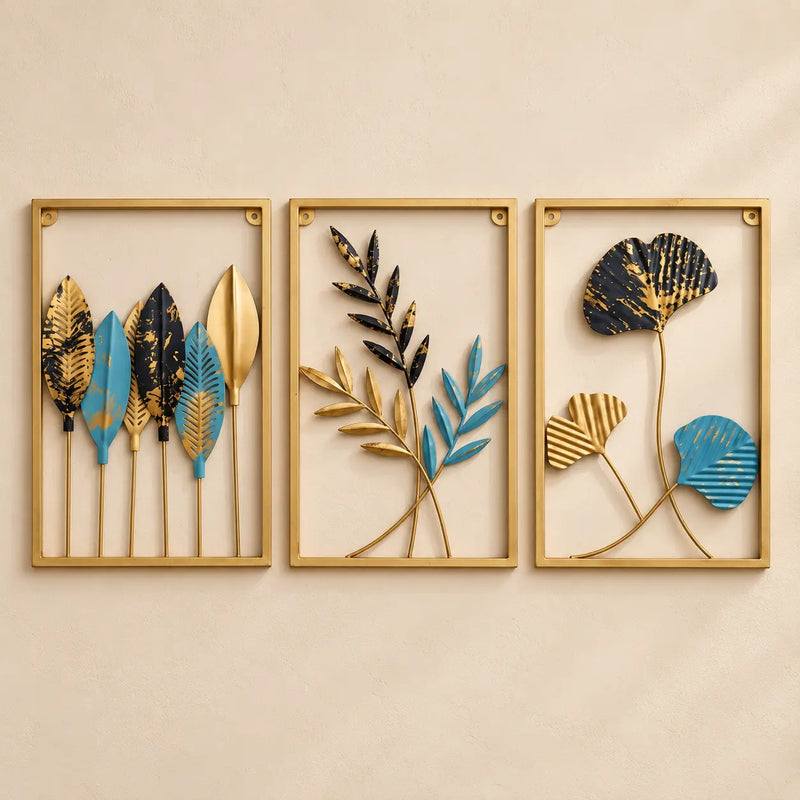 Scenic set of three turquoise, black and antique-gold metal wall panels on ivory