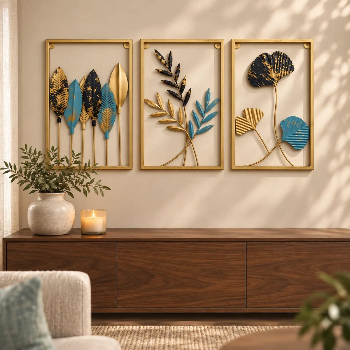 Scenic metal wall art styled above a warm walnut living-room console