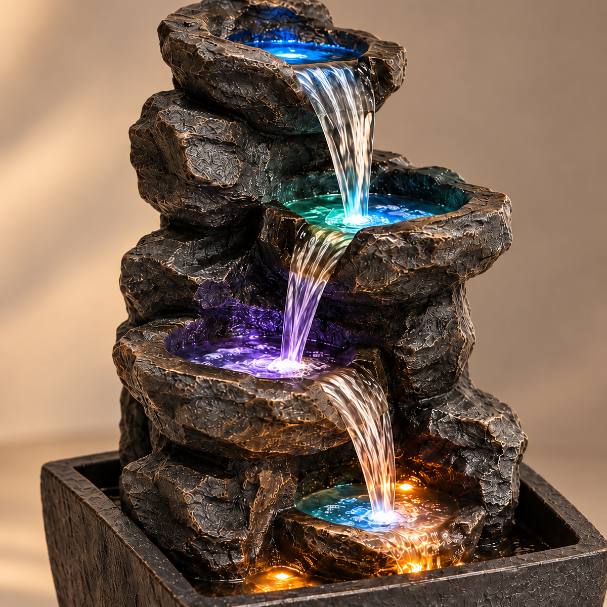 Close view of cascading water and multicolour LED lighting on the resin fountain