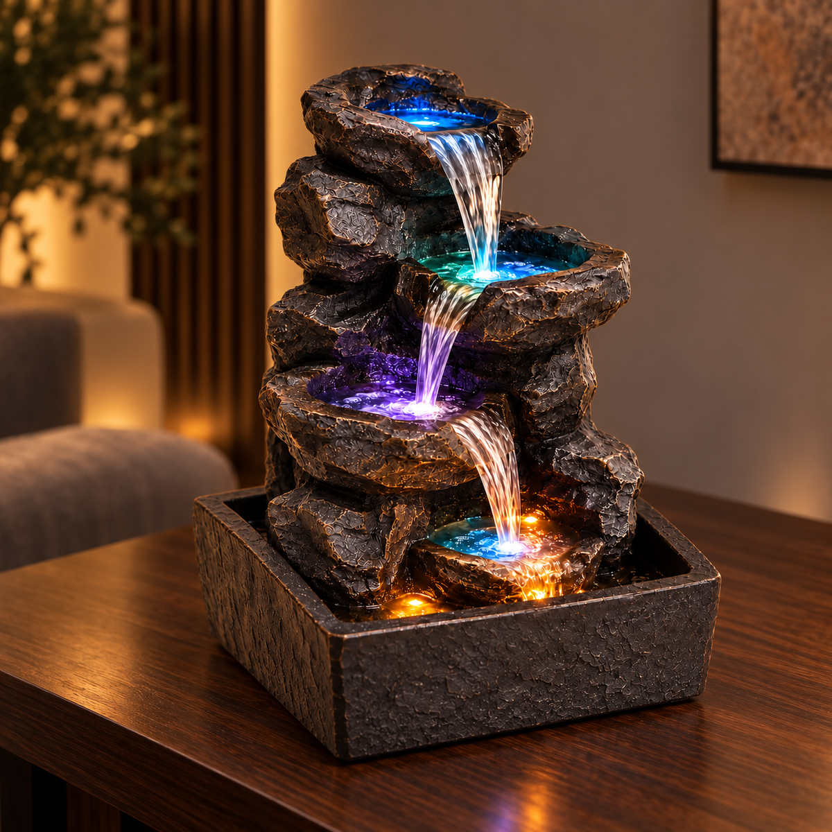 Serenity Cascade tabletop water fountain glowing in an elegant evening interior