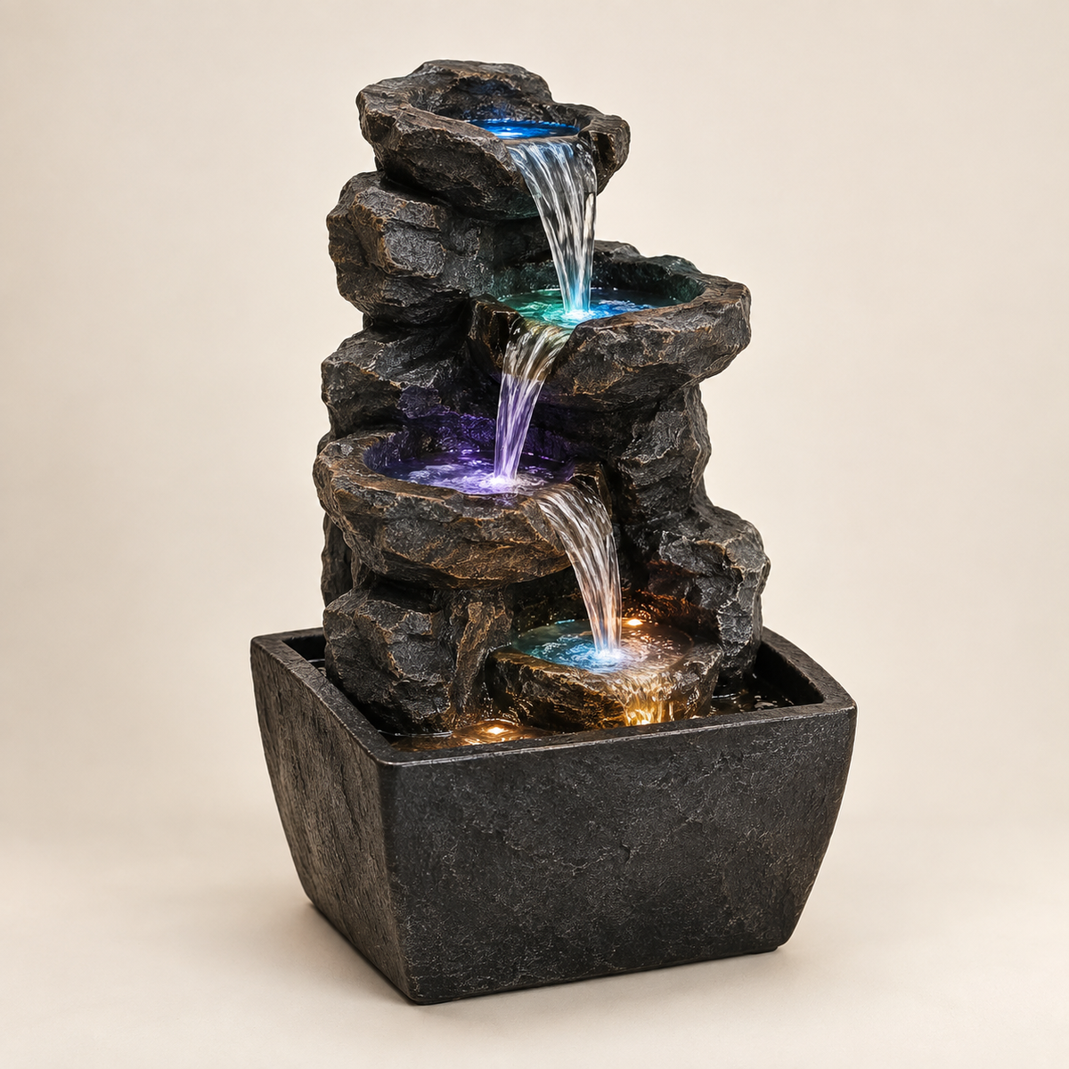 VIRAAM Serenity Cascade LED tabletop water fountain on a warm ivory background