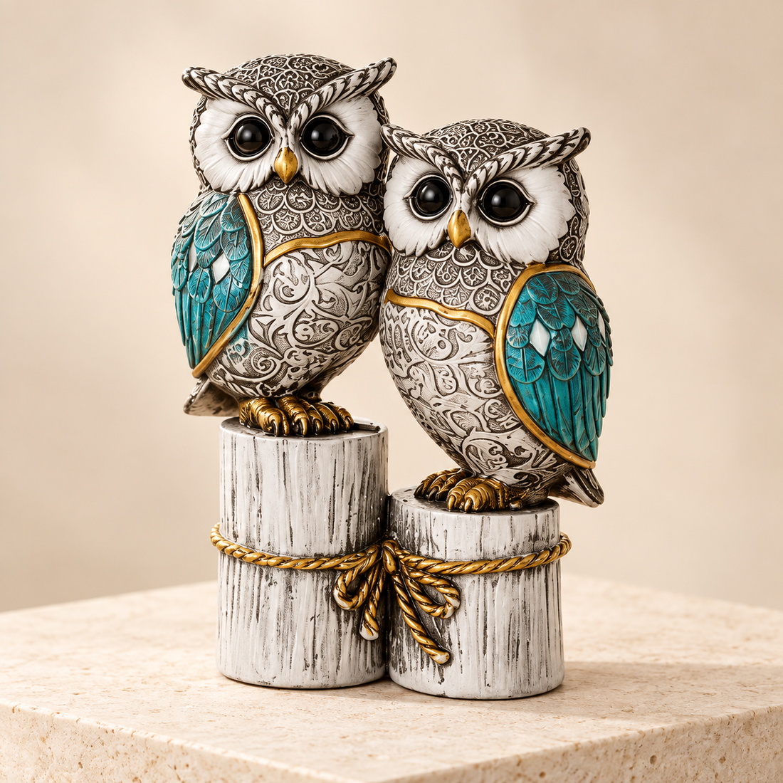 Wise Companions silver and teal resin owl pair sculpture on joined pedestal