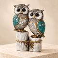 Wise Companions silver and teal resin owl pair sculpture on joined pedestal
