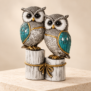 Wise Companions silver and teal resin owl pair sculpture on joined pedestal