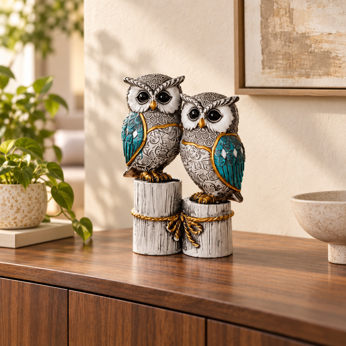 Wise Companions teal-wing owl pair styled on a premium living-room console